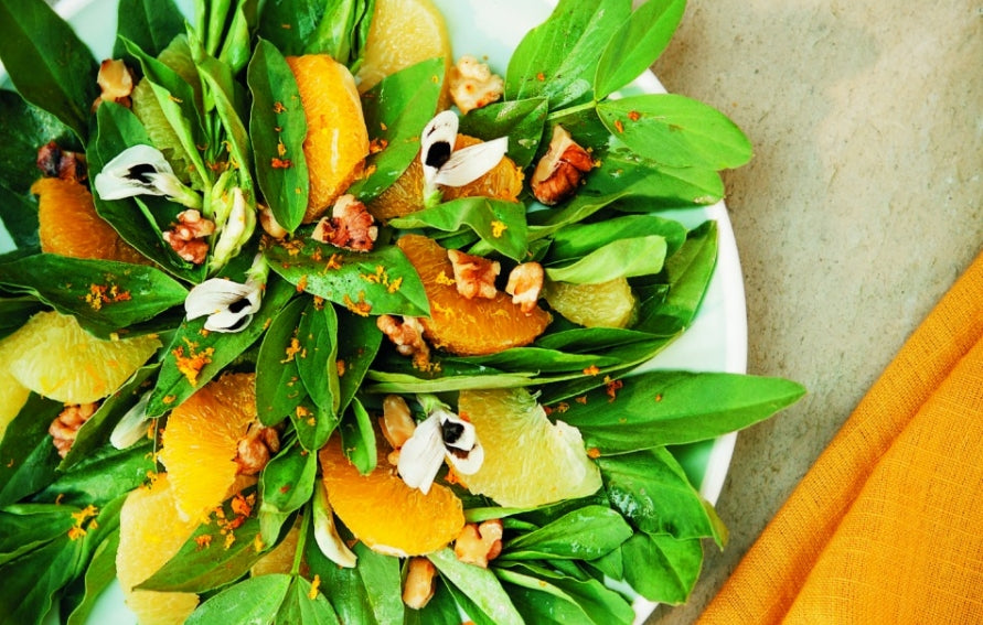 Fava Leaf Salad with Citrus, Feta and Walnuts